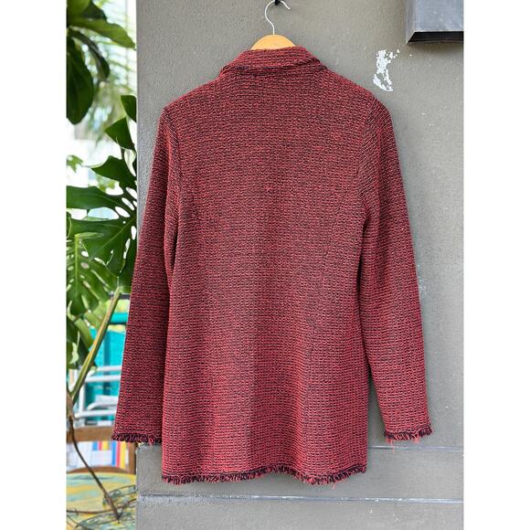 Chico’s Tweed Coatigan Medium Paprika Red Cotton Fringe Cardigan Sweater Blazer - Picture 6 of 11